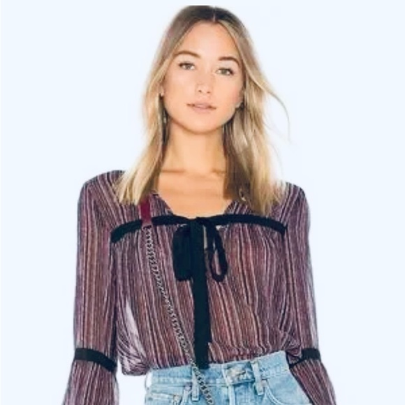 BCBGeneration Ruffle Front Pirate SHEER STRIPED BLOUSE BELL SLEEVES XXS - Picture 2 of 13